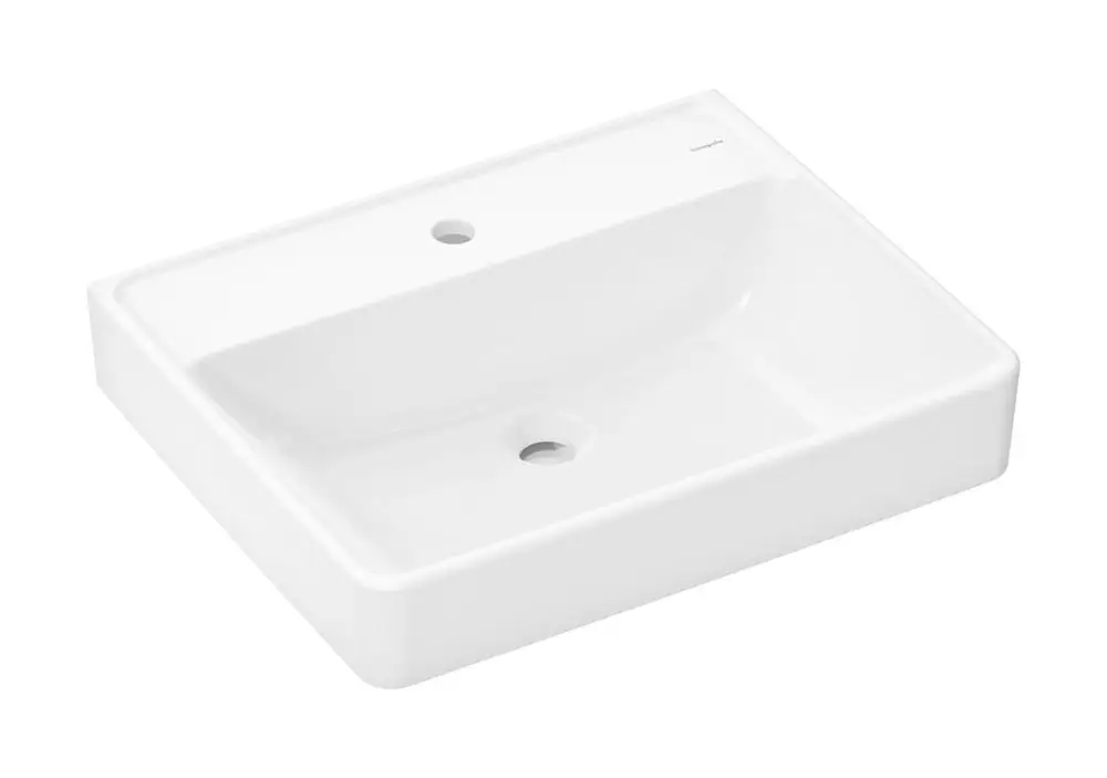 Weißer Waschtisch mit rechteckiger Form und einer Hahnlochöffnung, ohne Überlauf, von der Marke Hansgrohe.